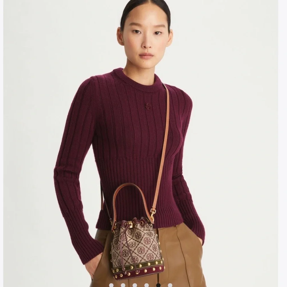 NWT! NEW Tory Burch T Monogram Jacquard Studded Mini Bucket Bag -multi leather